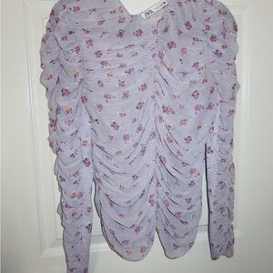Zara Light Lavender Floral Ruched Long-Sleeve Top